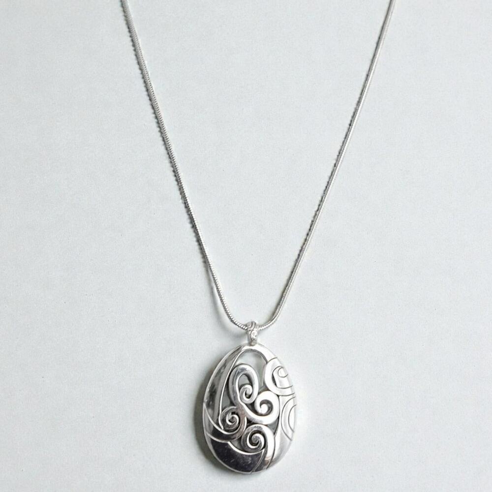 Brighton Mingle Teardrop Pendant Necklace Scrolled Ornate Silver Snake Chain